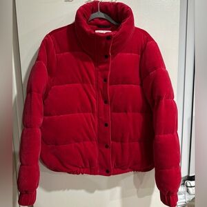 DKNY Sport Red Velvet Puffer Jacket Women’s L Y2K Logo Quilted Winter Coat